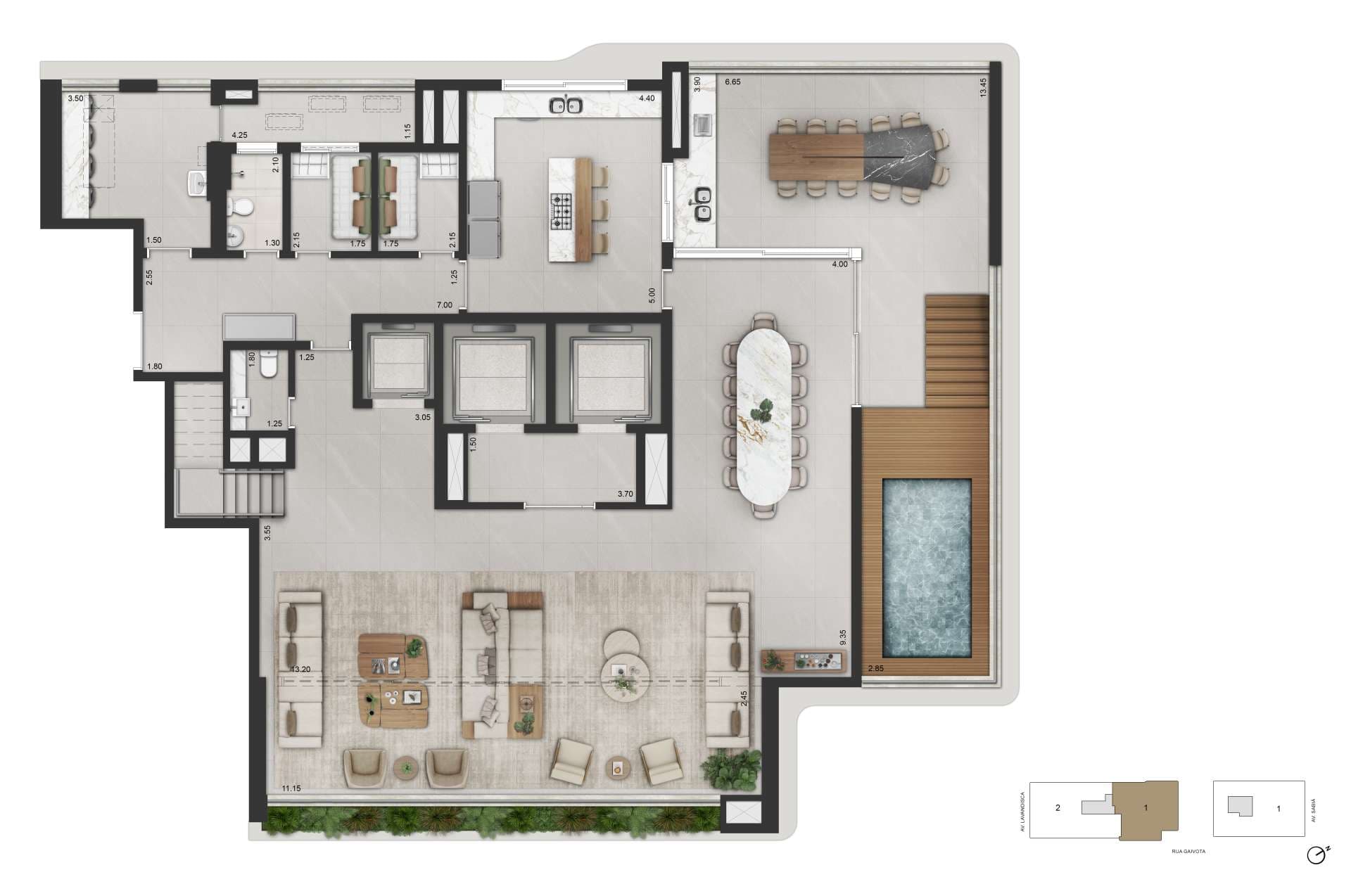PLANTA PADRÃO DUPLEX - 527 M² | FINAL 01 - TORRE 02 | PAV. INFERIOR