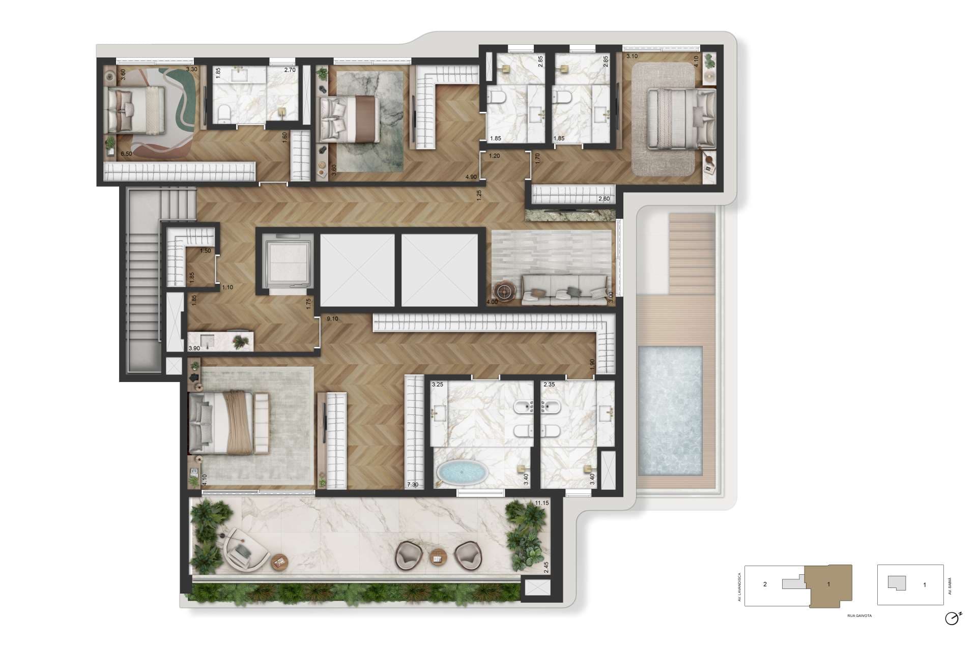 PLANTA PADRÃO DUPLEX - 527 M² | FINAL 01 - TORRE 02 | PAV. SUPERIOR